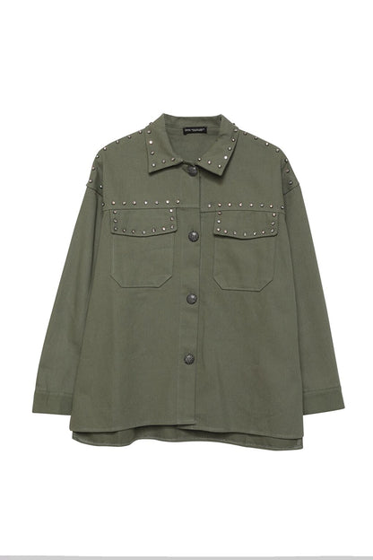 Stone Detailed Oversize Jacket Khaki