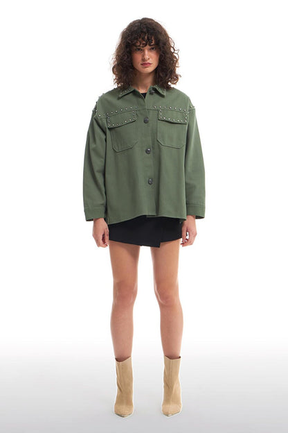 Stone Detailed Oversize Jacket Khaki