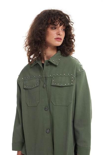 Stone Detailed Oversize Jacket Khaki