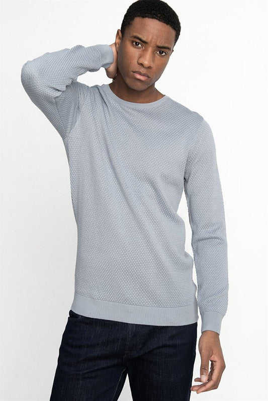 Slim Fit Narrow Cut Crew Neck Honeycomb Patterned Men's Blue Sweater