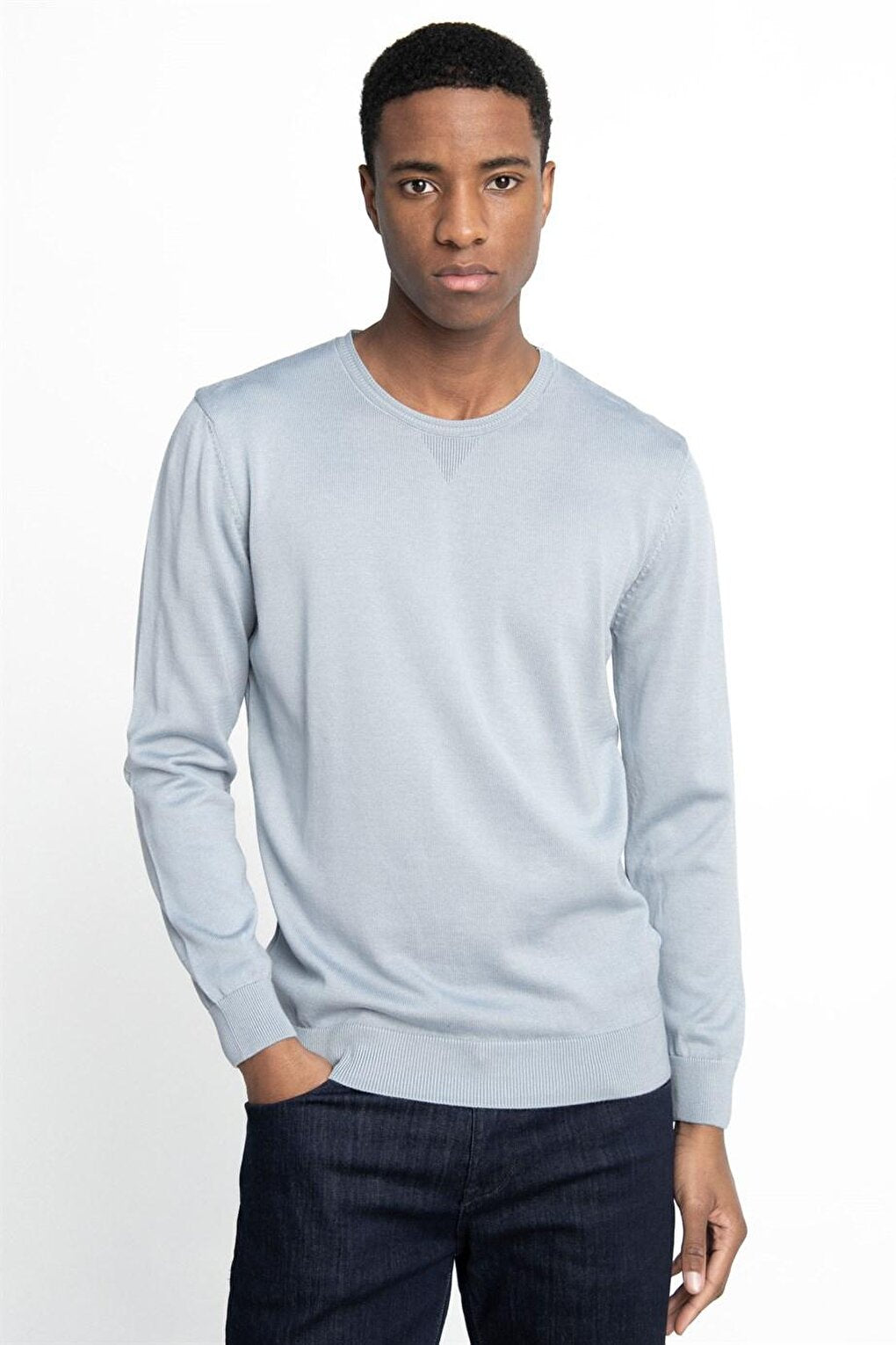 Slim Fit Narrow Cut Crew Neck Men's Blue Sweater