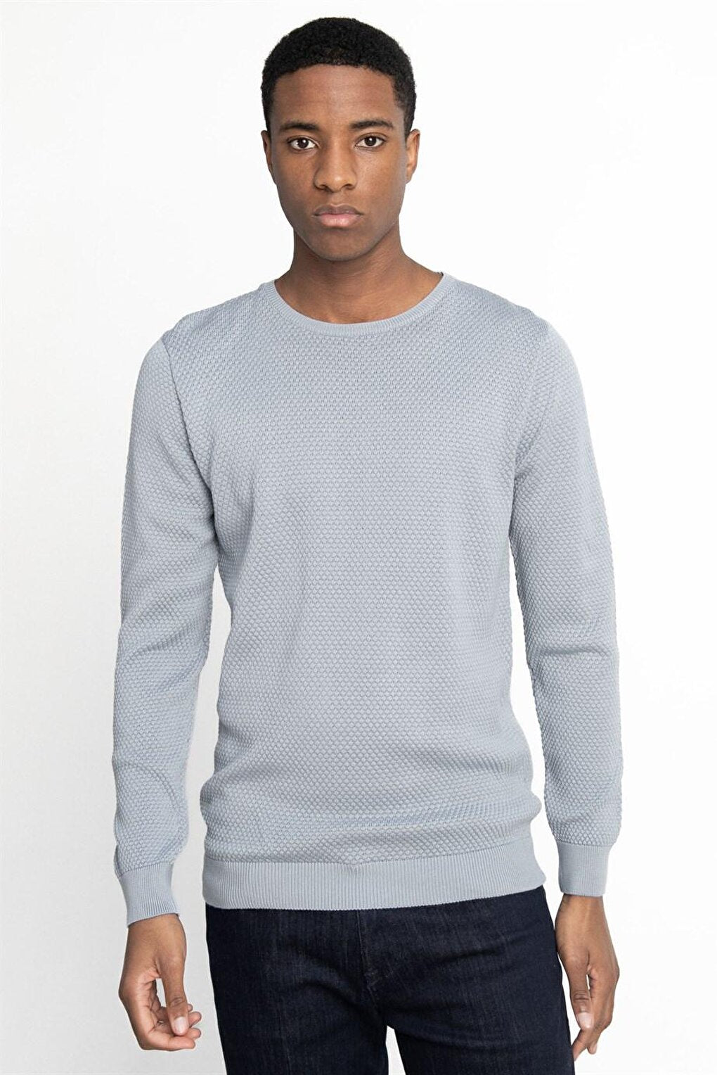 Slim Fit Narrow Cut Crew Neck Honeycomb Patterned Men's Blue Sweater