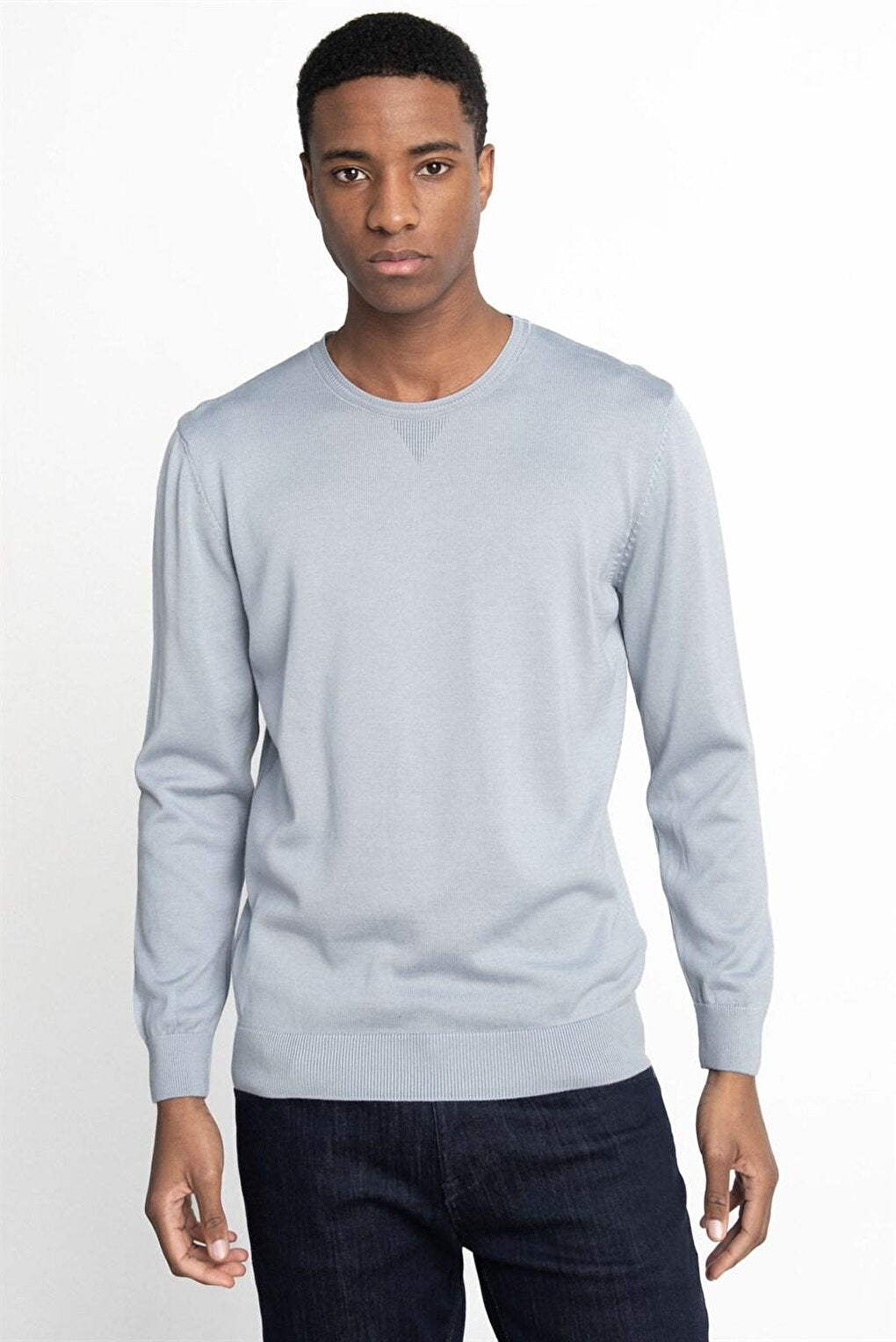 Slim Fit Narrow Cut Crew Neck Men's Blue Sweater