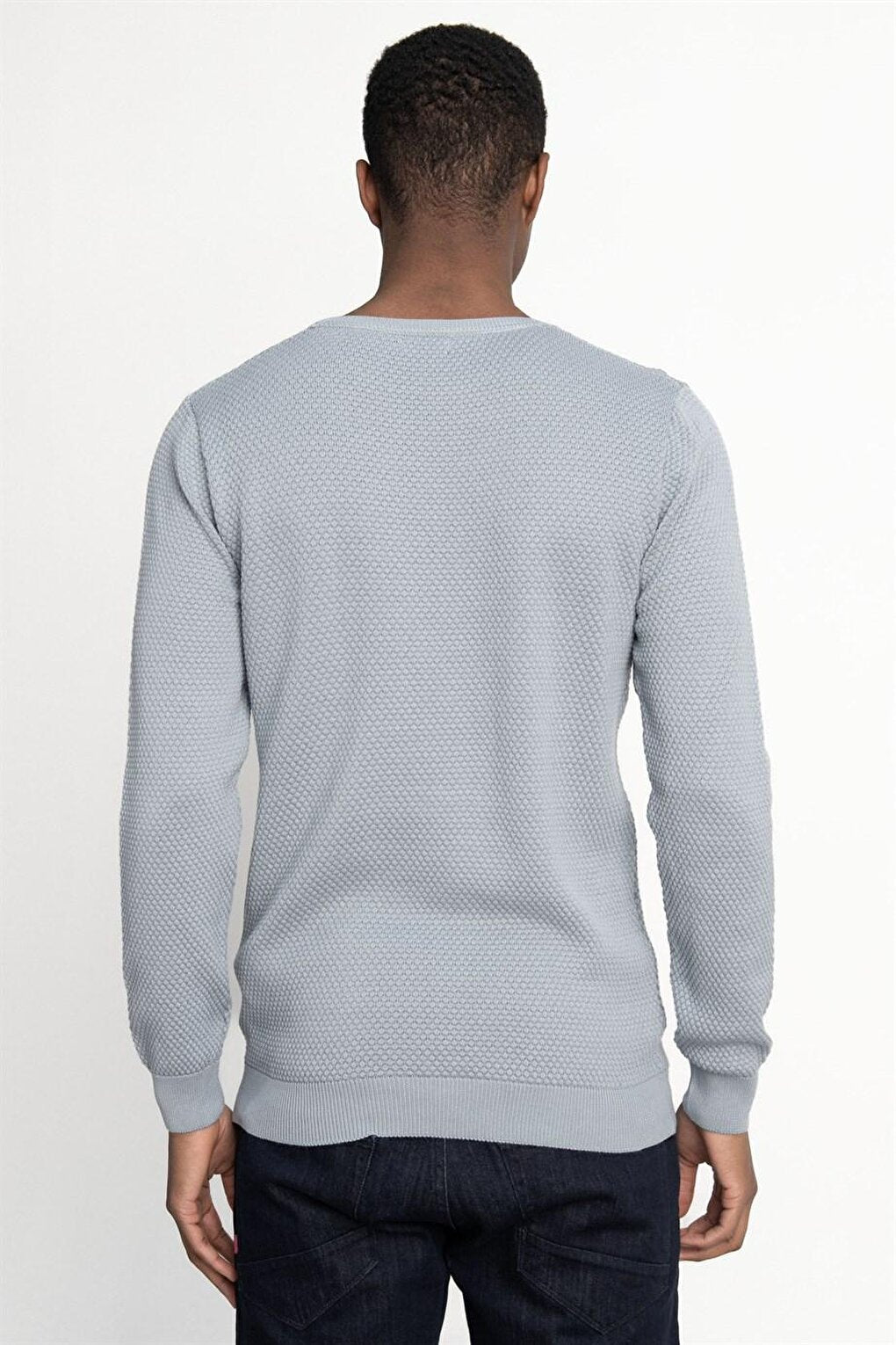 Slim Fit Narrow Cut Crew Neck Honeycomb Patterned Men's Blue Sweater