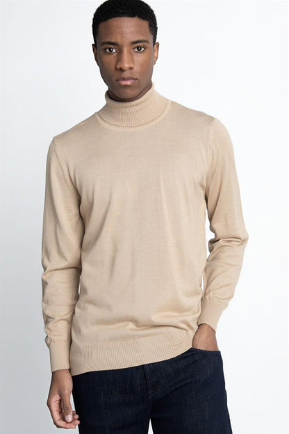 Slim Fit Narrow Cut Full Turtle Collar Plain Wool Men's Stone Sweater