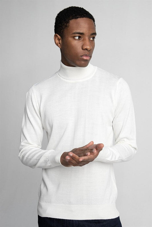 Slim Fit Narrow Cut Full Turtle Collar Plain Wool Men's White Sweater