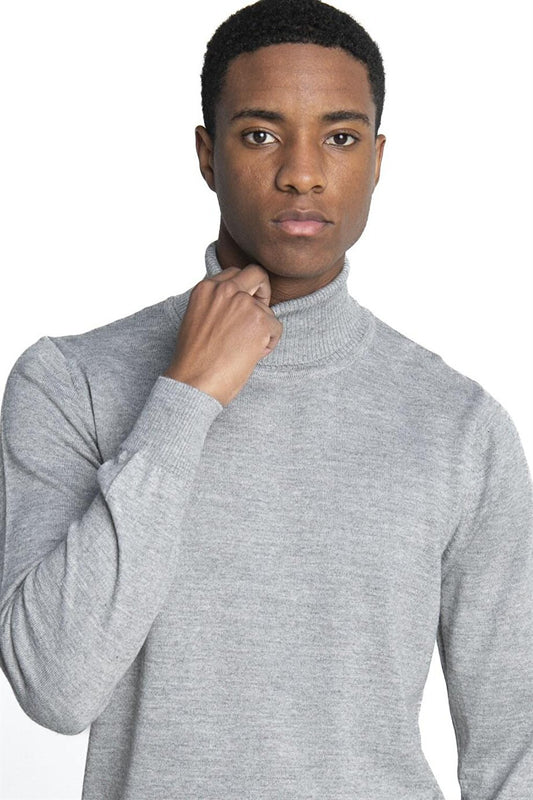 Slim Fit Narrow Cut Full Turtle Collar Plain Wool Men's Gray Sweater