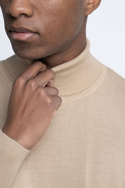 Slim Fit Narrow Cut Full Turtle Collar Plain Wool Men's Stone Sweater