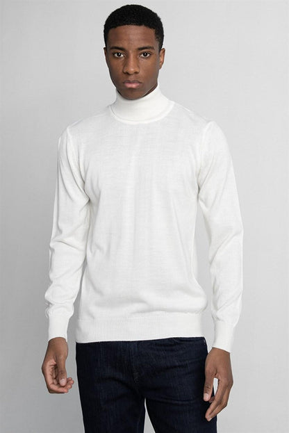 Slim Fit Narrow Cut Full Turtle Collar Plain Wool Men's White Sweater