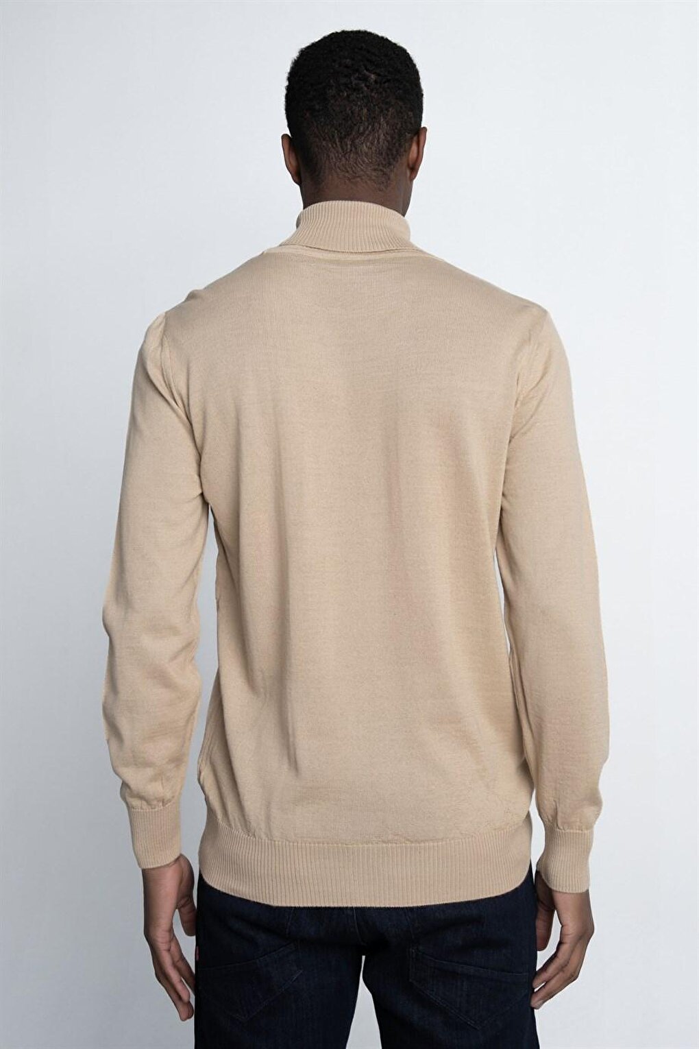 Slim Fit Narrow Cut Full Turtle Collar Plain Wool Men's Stone Sweater