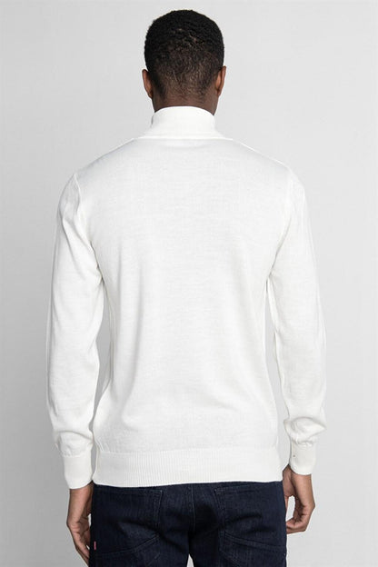 Slim Fit Narrow Cut Full Turtle Collar Plain Wool Men's White Sweater