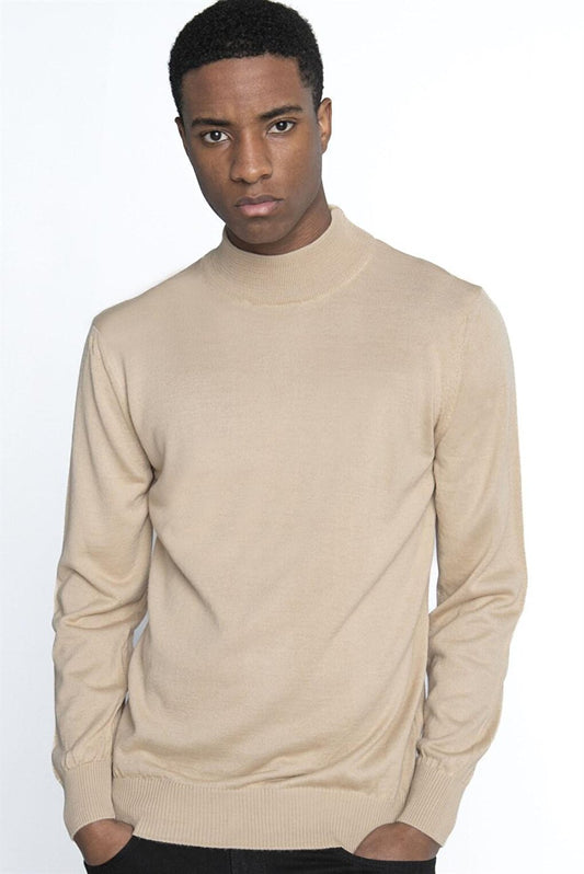 Slim Fit Narrow Cut Half Turtleneck Plain Men's Stone Sweater