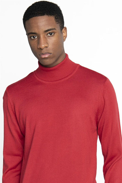 Slim Fit Narrow Cut Full Turtle Collar Plain Wool Men's Red Sweater