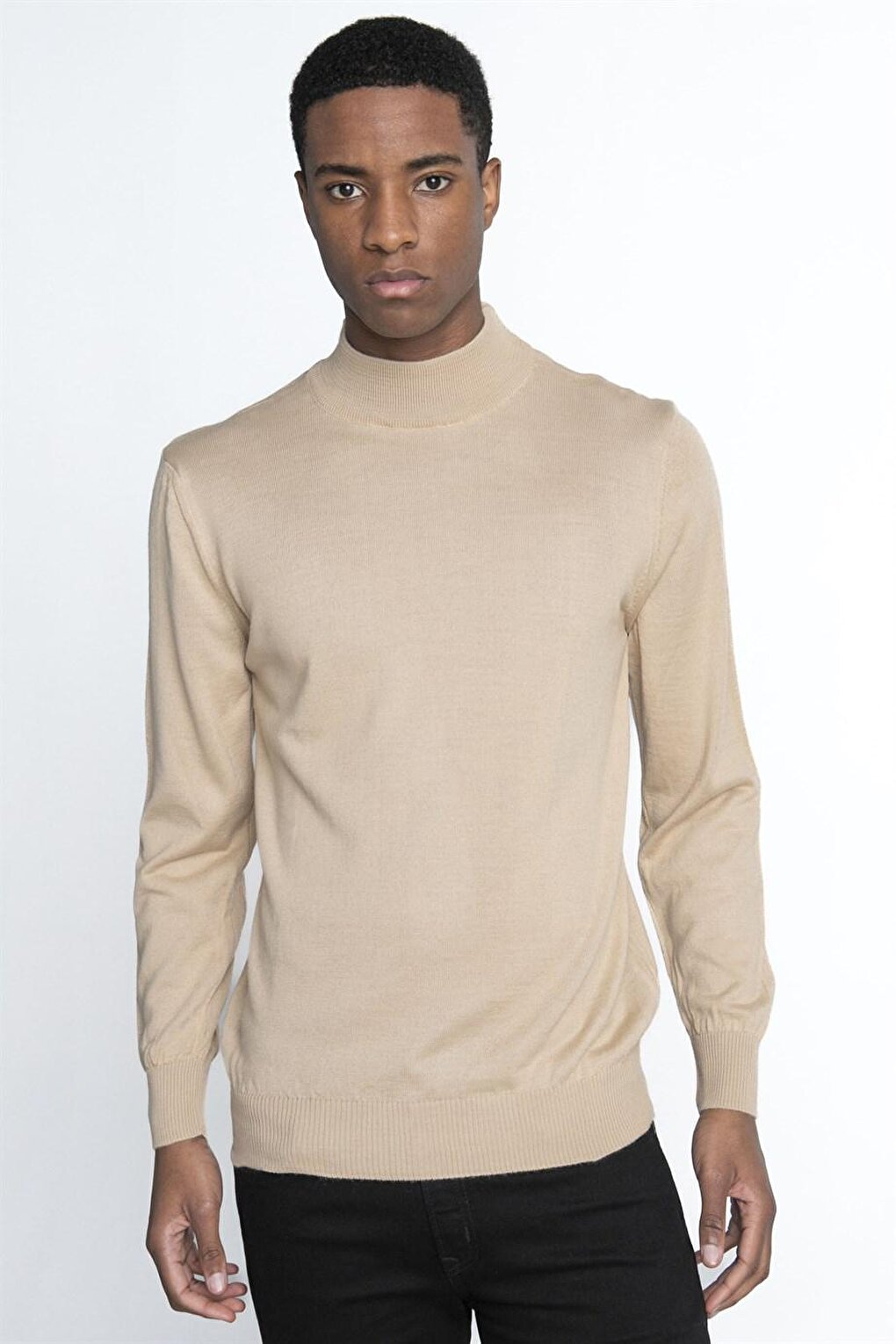 Slim Fit Narrow Cut Half Turtleneck Plain Men's Stone Sweater