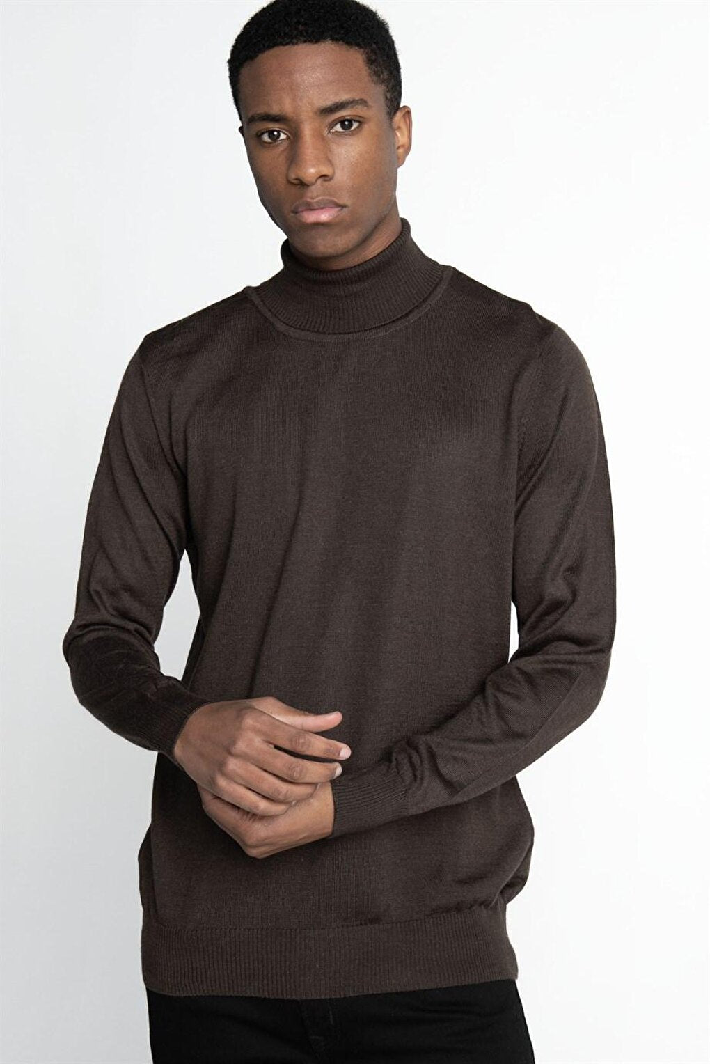 Slim Fit Narrow Cut Full Turtle Collar Plain Wool Men's Brown Sweater