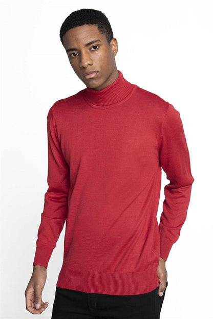 Slim Fit Narrow Cut Full Turtle Collar Plain Wool Men's Red Sweater