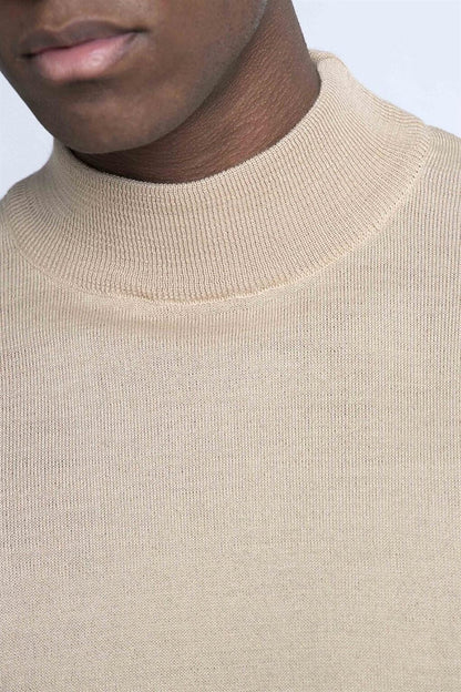 Slim Fit Narrow Cut Half Turtleneck Plain Men's Stone Sweater