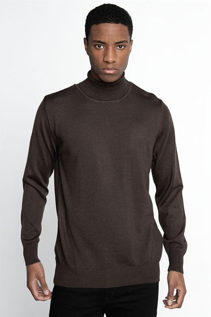 Slim Fit Narrow Cut Full Turtle Collar Plain Wool Men's Brown Sweater