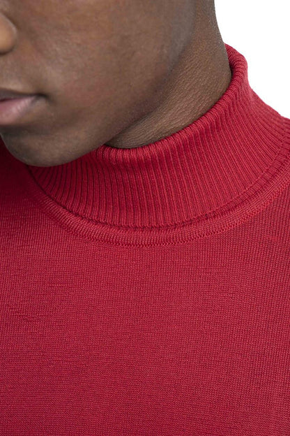 Slim Fit Narrow Cut Full Turtle Collar Plain Wool Men's Red Sweater