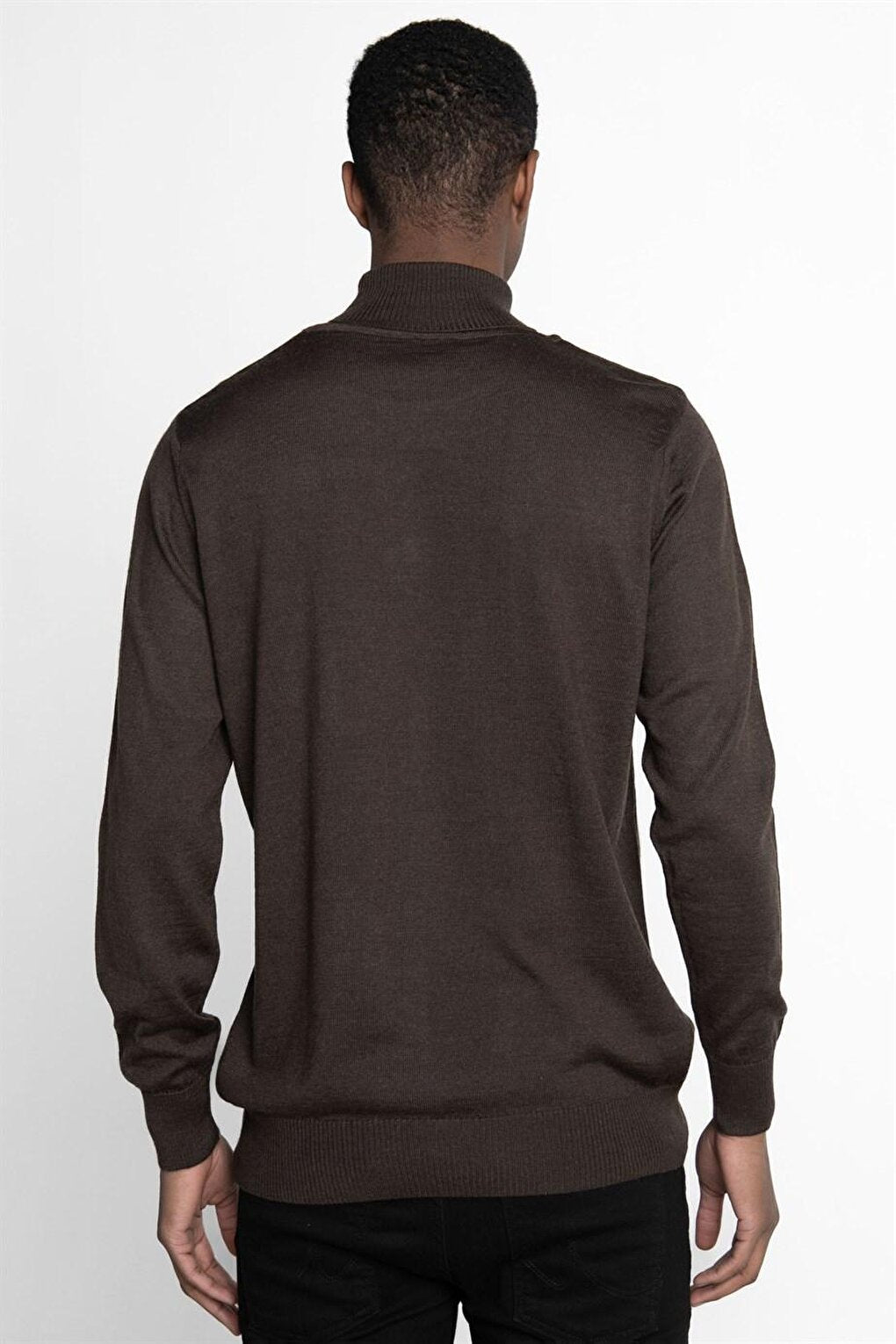 Slim Fit Narrow Cut Full Turtle Collar Plain Wool Men's Brown Sweater