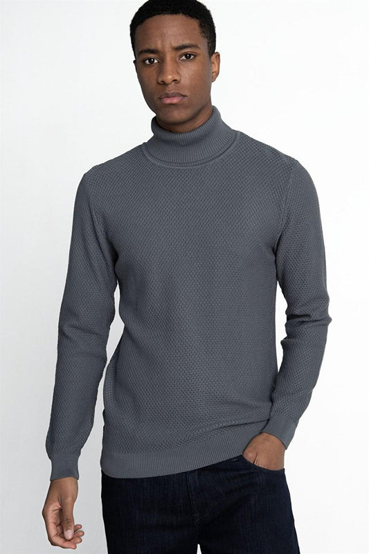 Slim Fit Narrow Cut Turtleneck Patterned Men's Anthracite Sweater