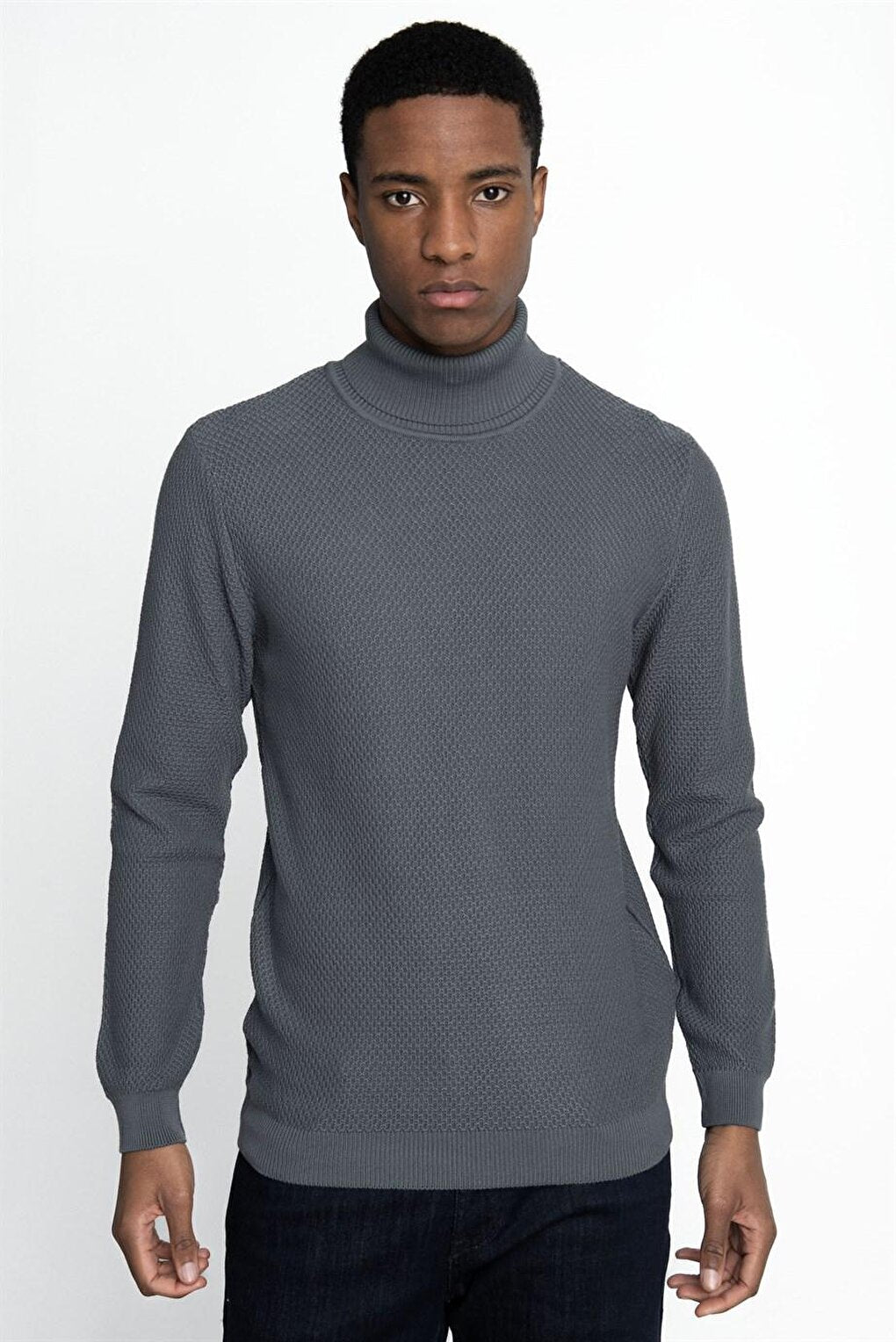 Slim Fit Narrow Cut Turtleneck Patterned Men's Anthracite Sweater