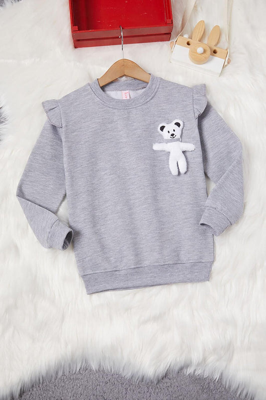 Gray Teddy Bear Sweatshirt with Flounce Sleeves and Ribbon Sweatshirt for Girls 16984