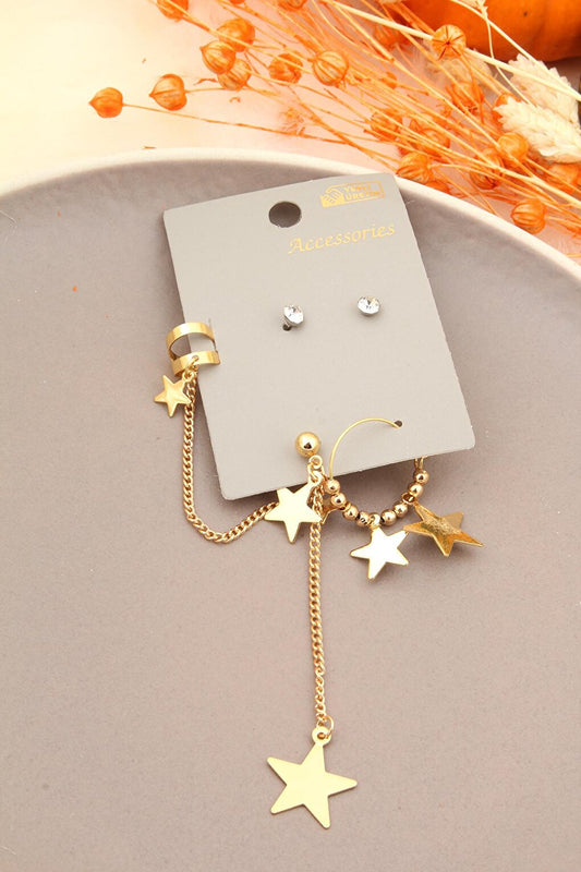 Star Dangle Hoop Piercing Earring Set Gold