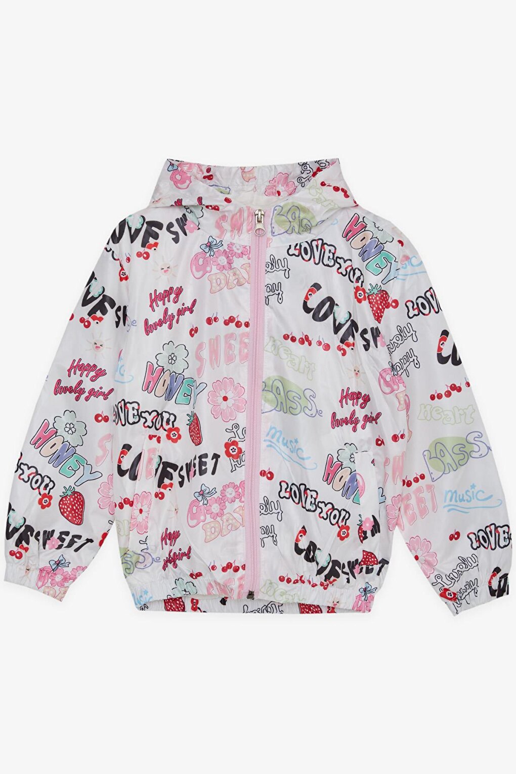 Girl's Raincoat Fruit Party Themed Text Patterned White (Age 1-6)