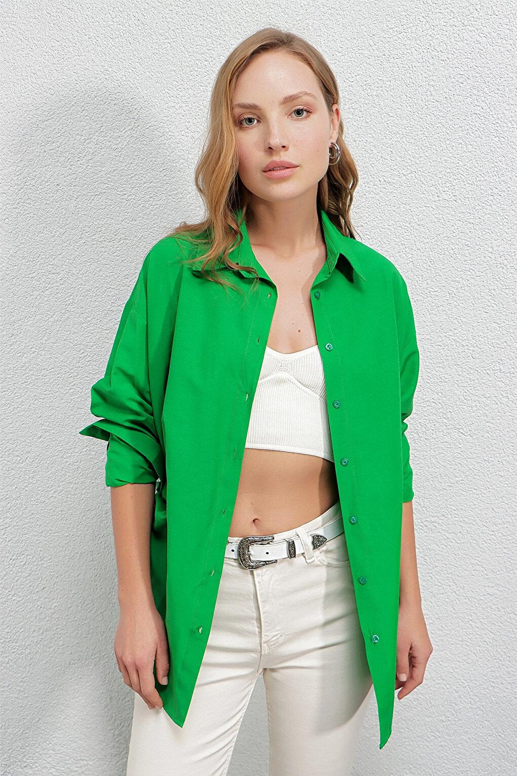 Women's Green Side Slit Rope Drawstring Shirt HZL23W-BD1201321