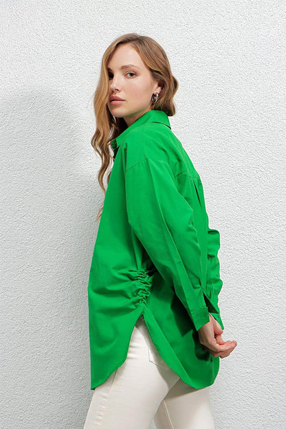 Women's Green Side Slit Rope Drawstring Shirt HZL23W-BD1201321