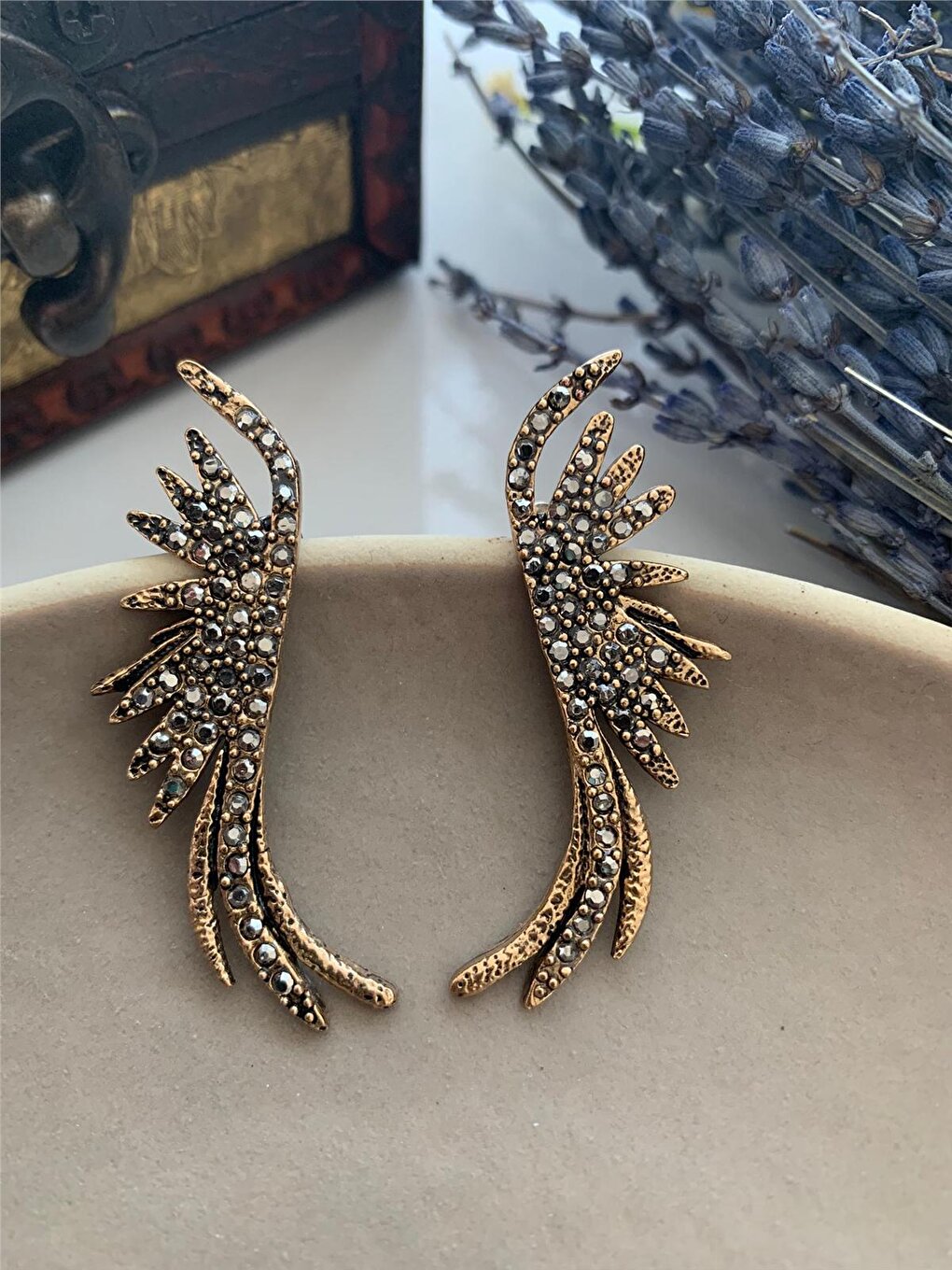 Smoked Stone Bronze Wing Earrings