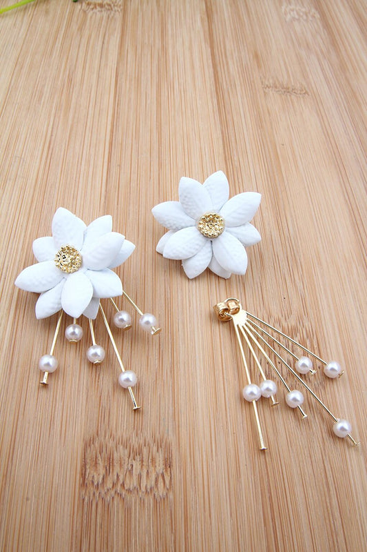 White Flower Ghost Earrings with Pearls