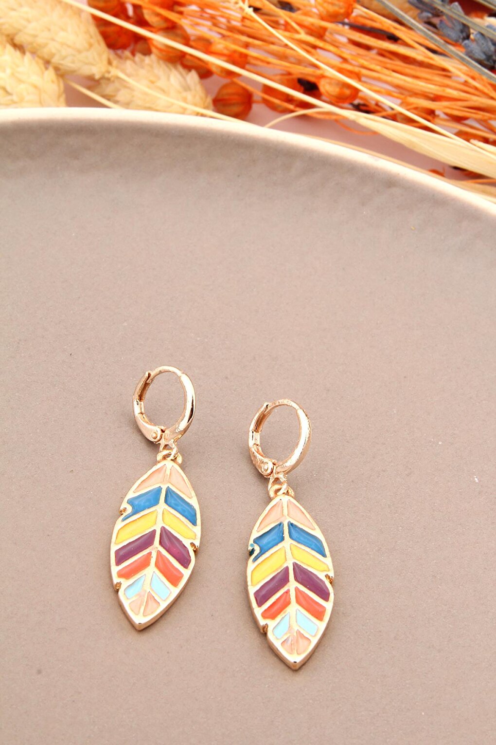 Colorful Feather Figured Hoop Earrings