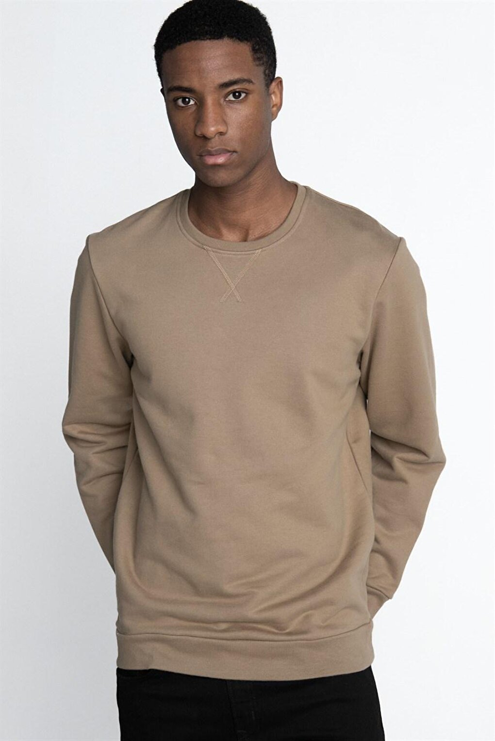 Cotton Crew Neck Basic Unisex Beige Sweatshirt