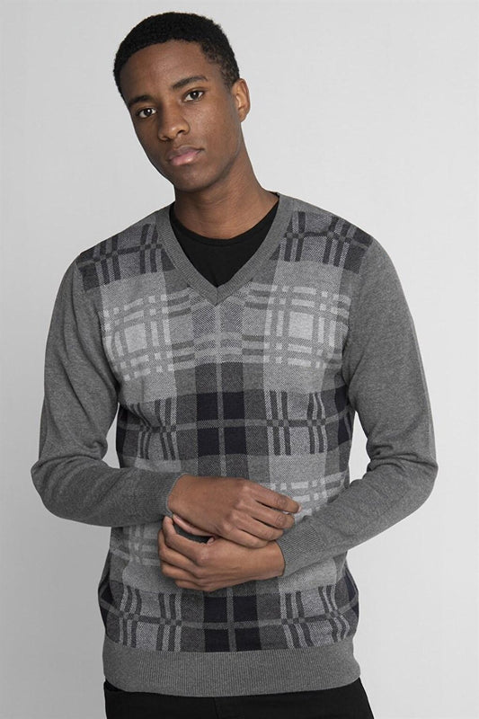 Slim Fit V-Neck Checkered Men's Gray Sweater