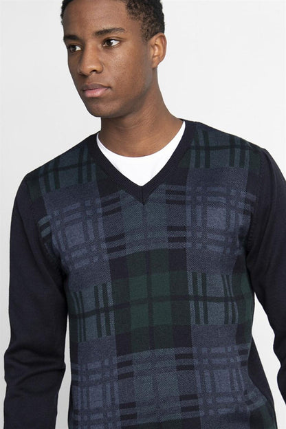 Slim Fit V-Neck Checked Men's Navy Blue Sweater