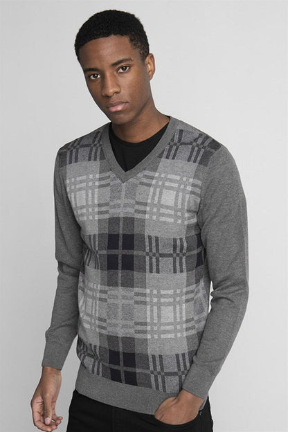 Slim Fit V-Neck Checkered Men's Gray Sweater