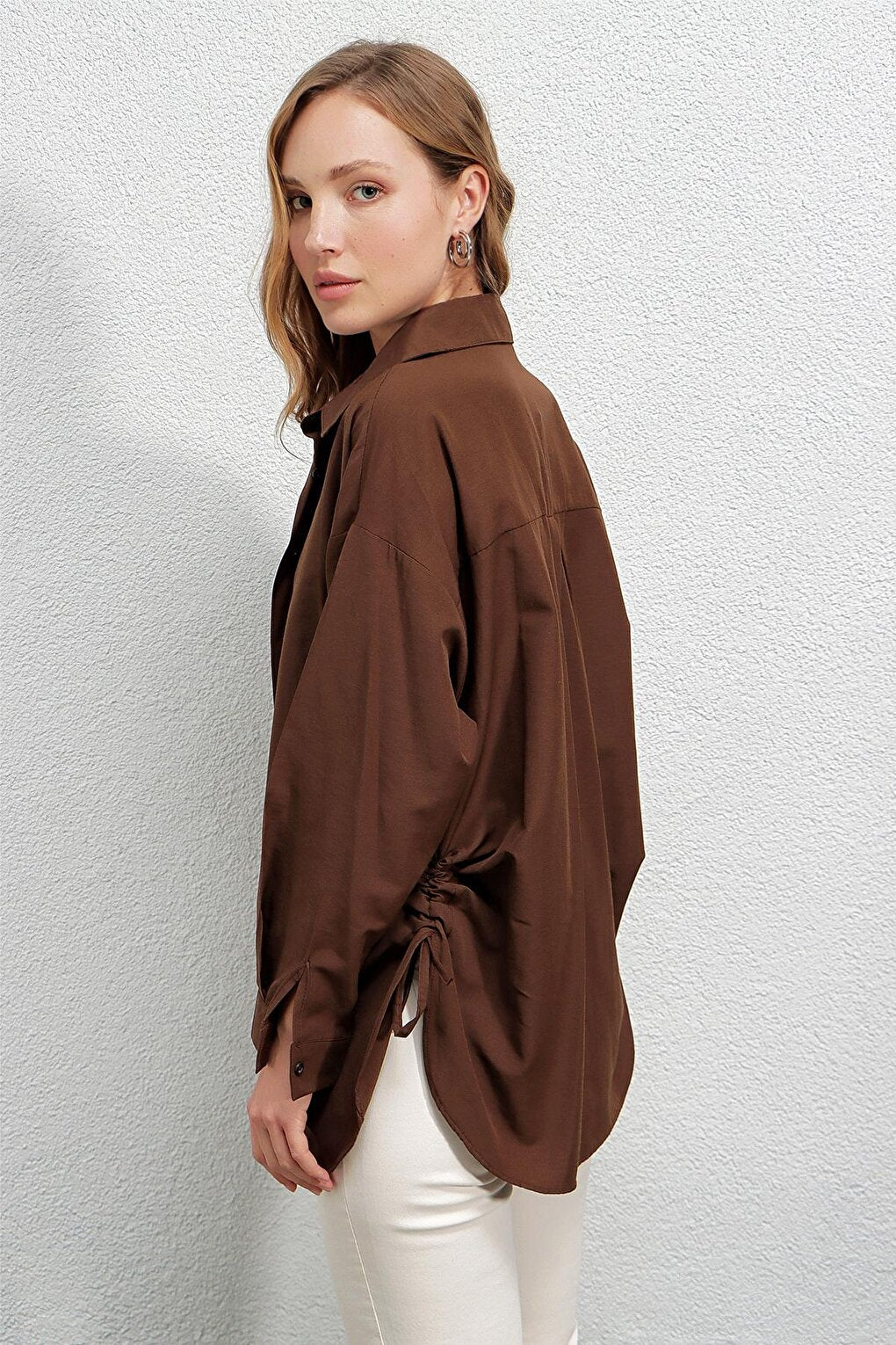 Women's Chocolate Side Slit Rope Drawstring Shirt HZL23W-BD1201321