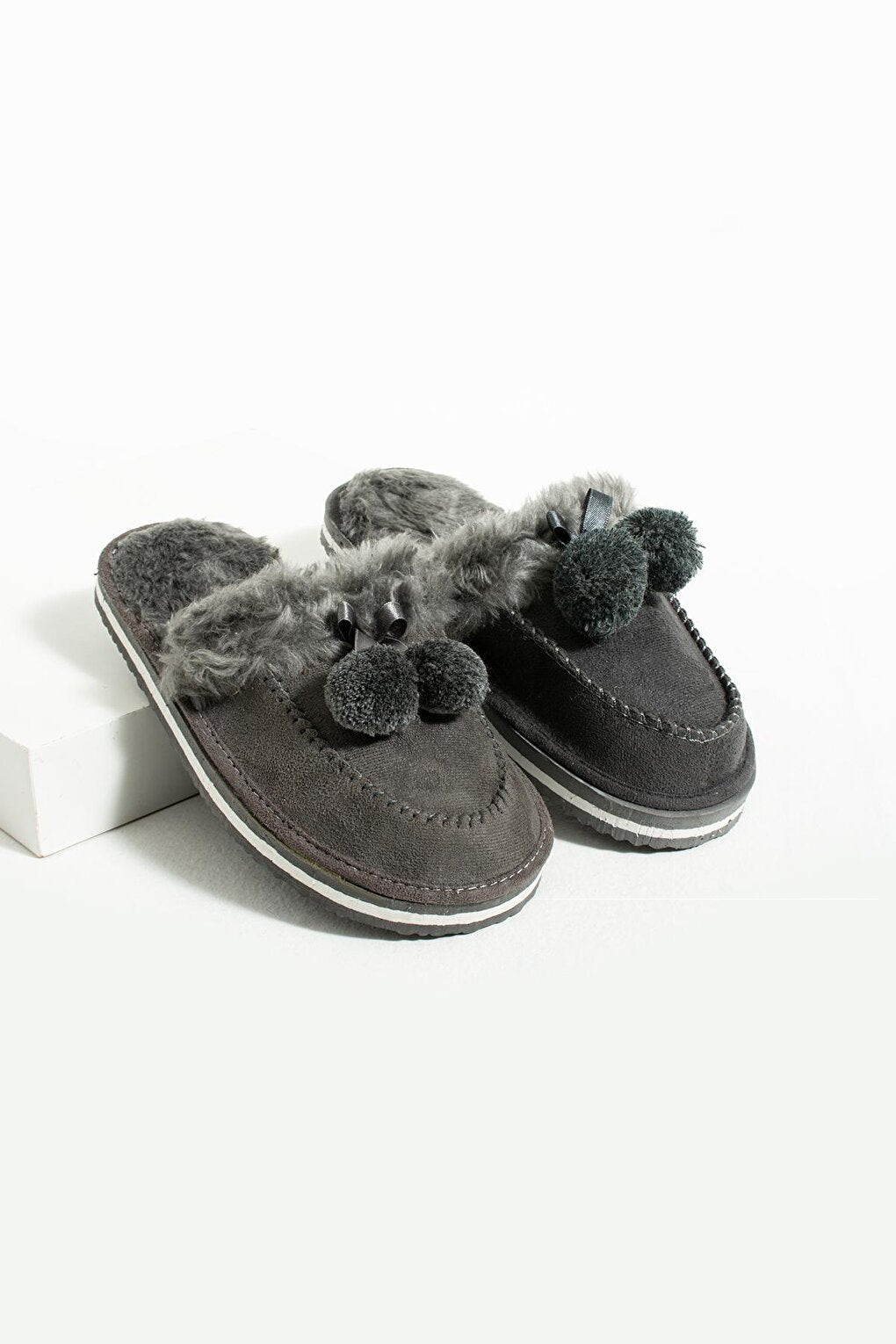 Women's House Slippers with Pompom and Thermal Fur Inside 001-021-21 Smoked