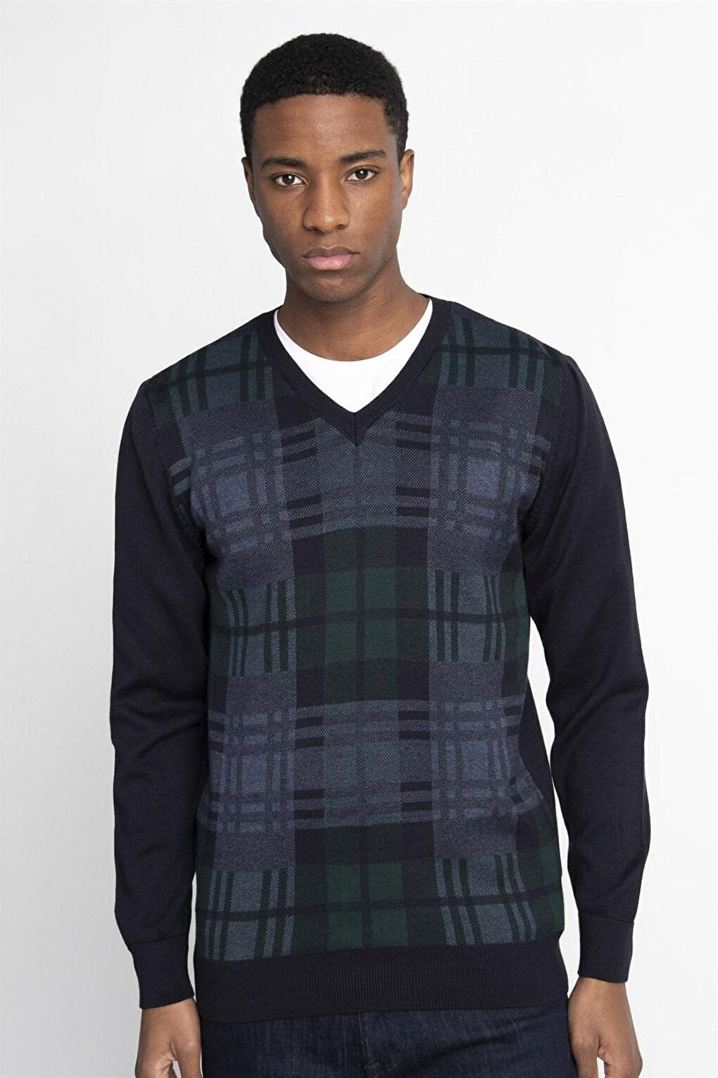 Slim Fit V-Neck Checked Men's Navy Blue Sweater