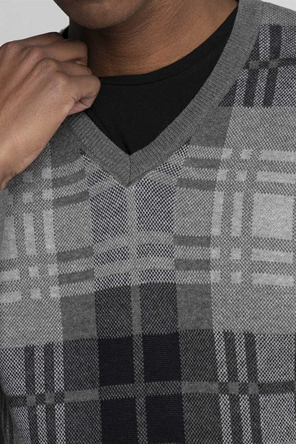 Slim Fit V-Neck Checkered Men's Gray Sweater