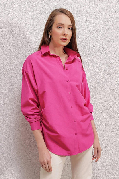 Women's Fuchsia Side Slit String Drawstring Shirt HZL23W-BD1201321