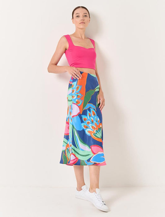 Mixed Straight Cut High Waist Midi Satin Skirt