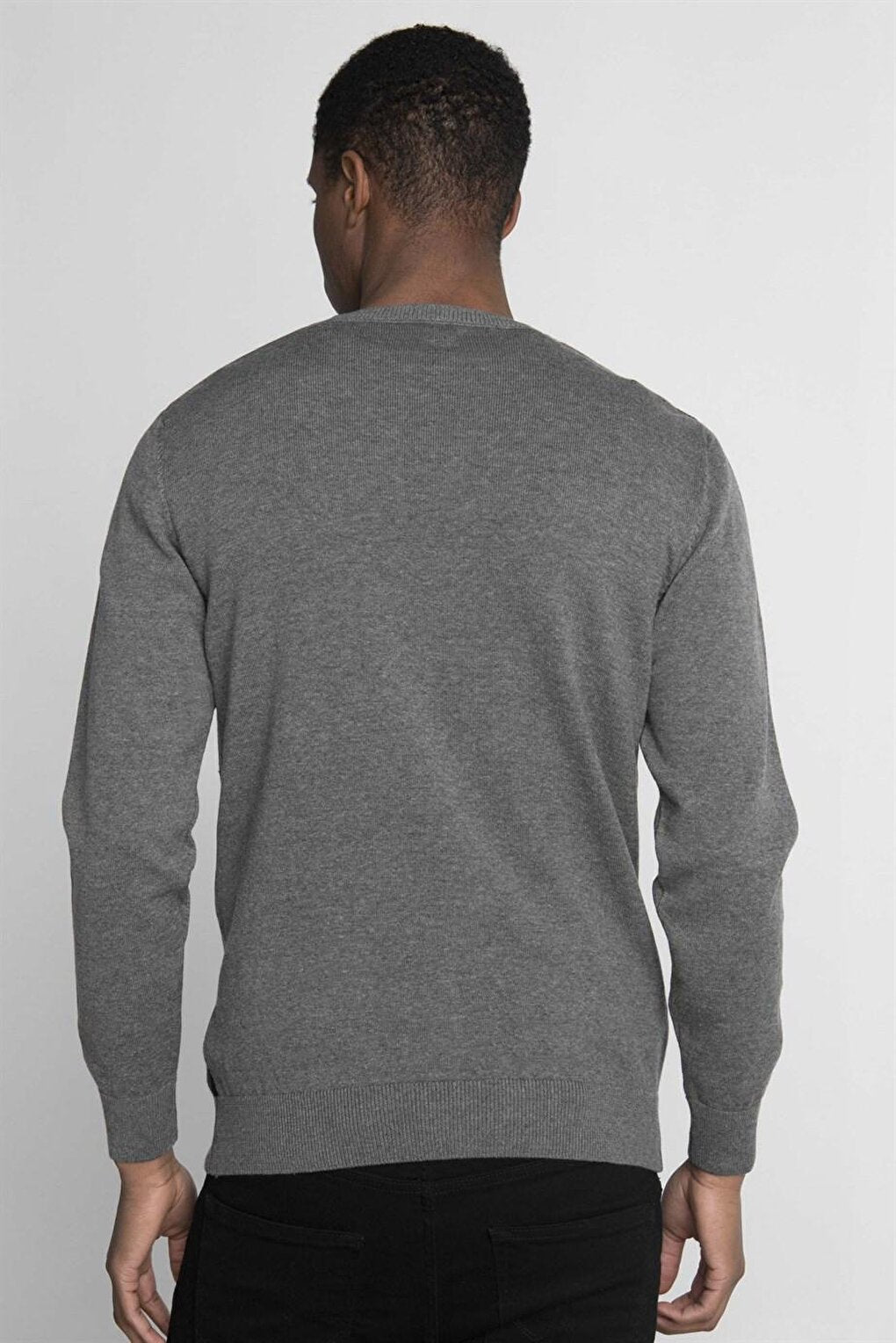 Slim Fit V-Neck Checkered Men's Gray Sweater