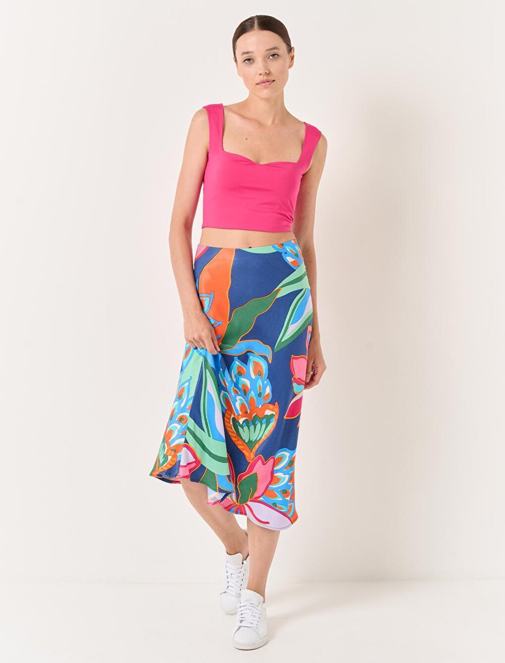 Mixed Straight Cut High Waist Midi Satin Skirt