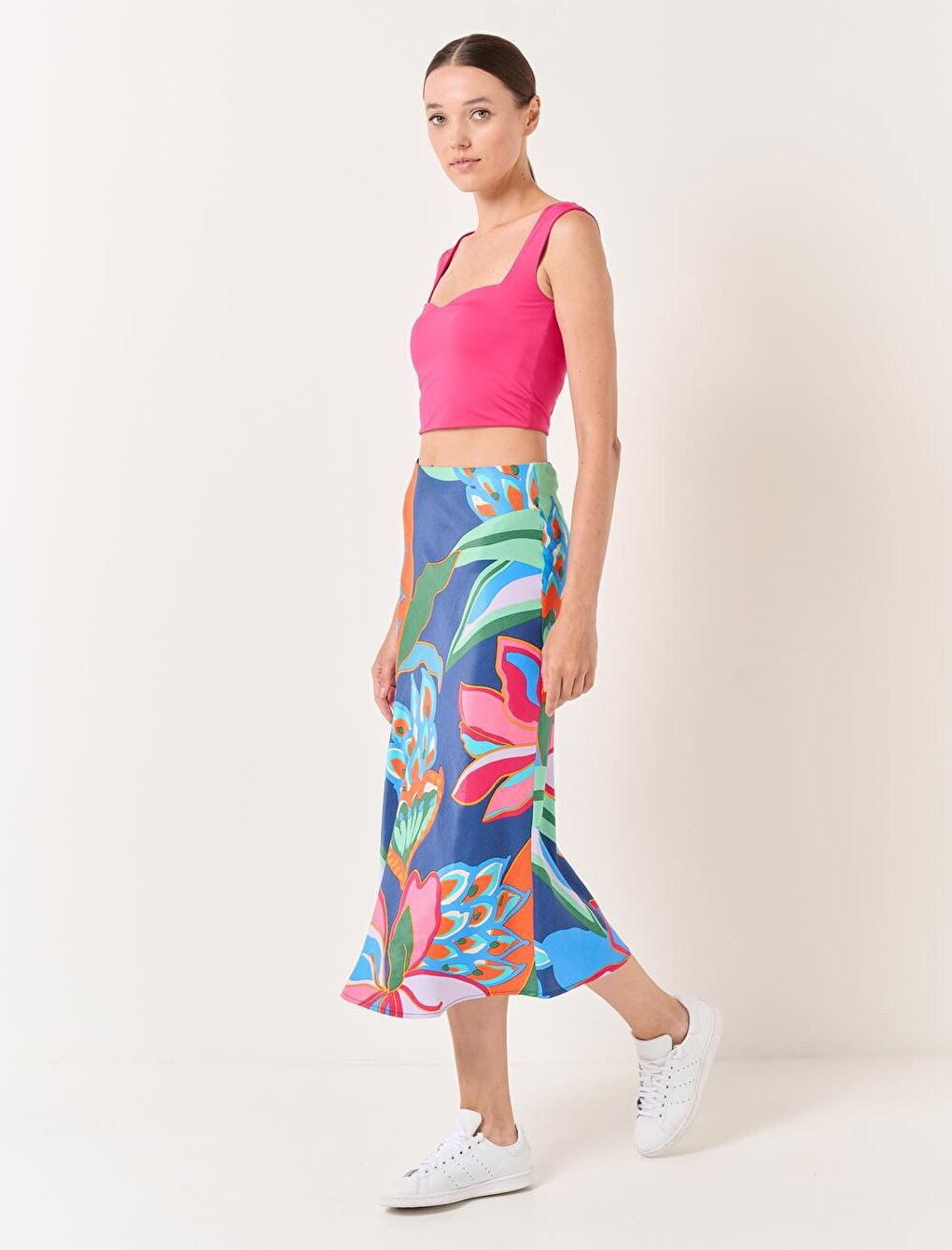 Mixed Straight Cut High Waist Midi Satin Skirt