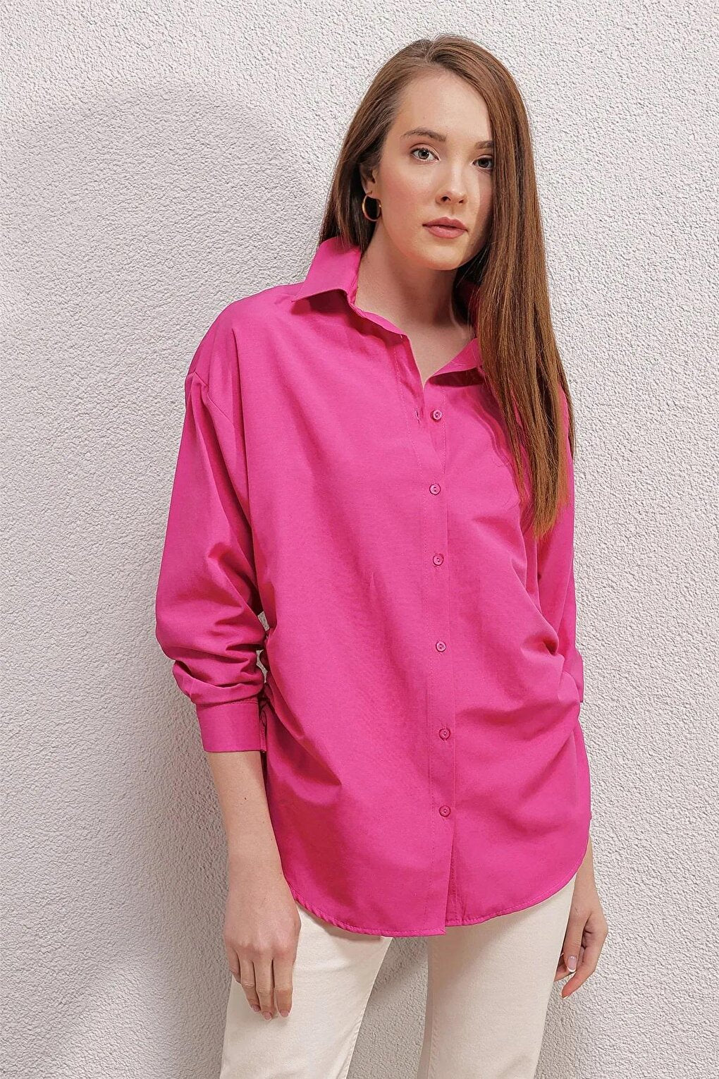 Women's Fuchsia Side Slit String Drawstring Shirt HZL23W-BD1201321