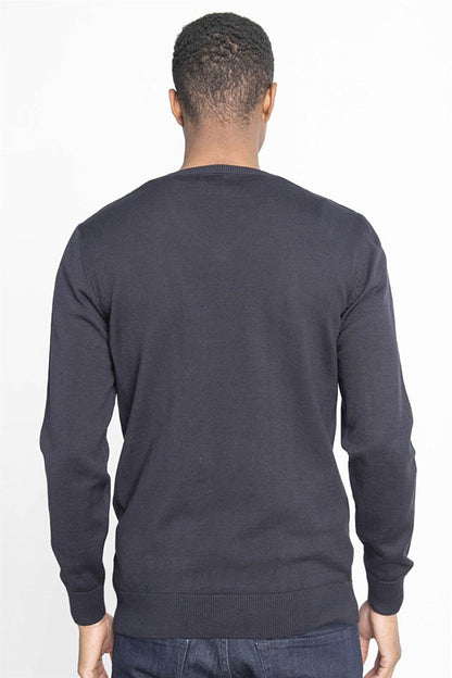 Slim Fit V-Neck Checked Men's Navy Blue Sweater