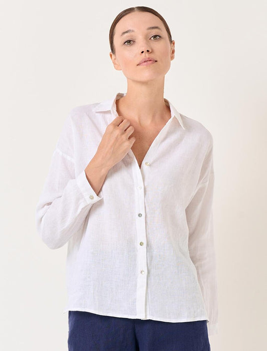 White Long Sleeve Woven Linen Shirt